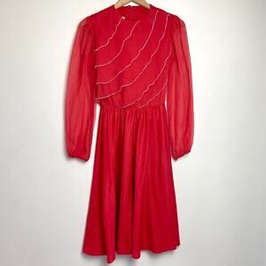 Vintage 80s Midi Dress Small Red Ruffle Front Retro Romantic Elastic Waist`